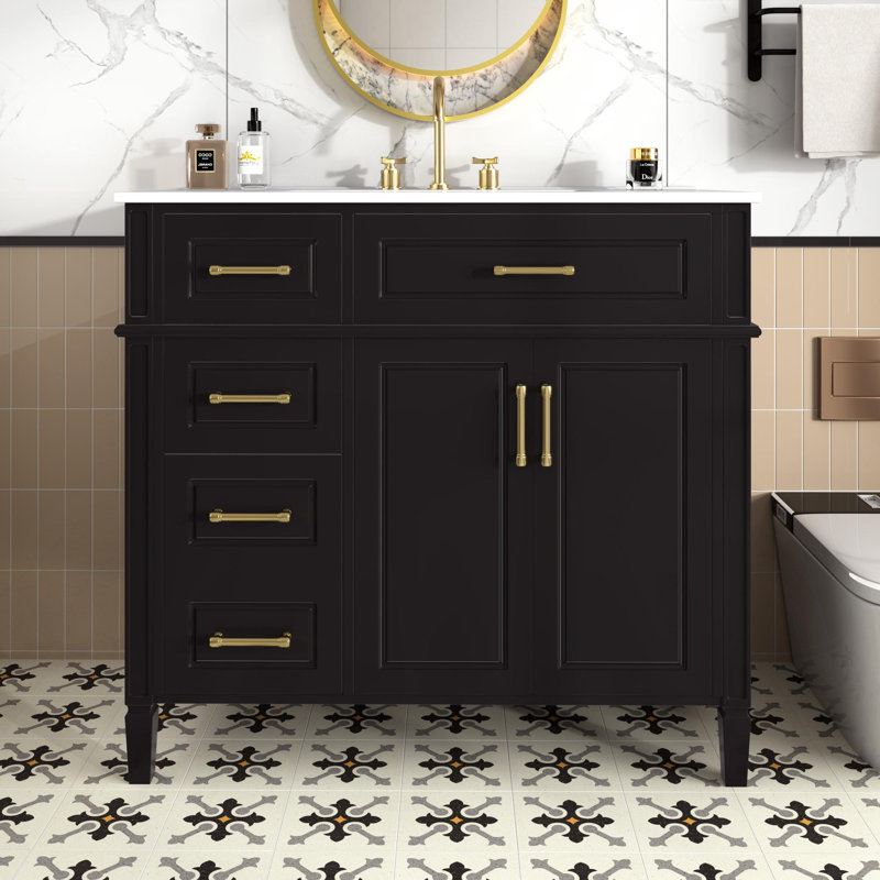 Meuble-lavabo avec poignées en métal doré, Noir