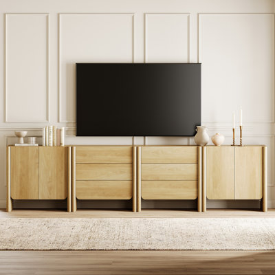Meuble télé modulaire Glorian 4-en-1 en bois, style français moderne, avec bords arrondis, 2 armoires et 6 tiroirs à ouverture par pression, pour téléviseur jusqu'à 130 pouces, fini chêne.