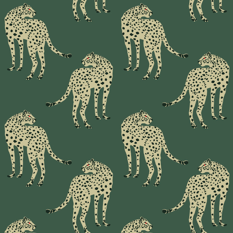 Prowling Cheetah - Juniper Wallpaper, Non-Pasted, Faux Grasscloth, Green
