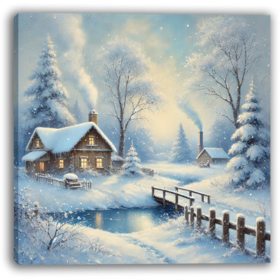 Winter Cottage: Snowy Bridge Print Canvas Art