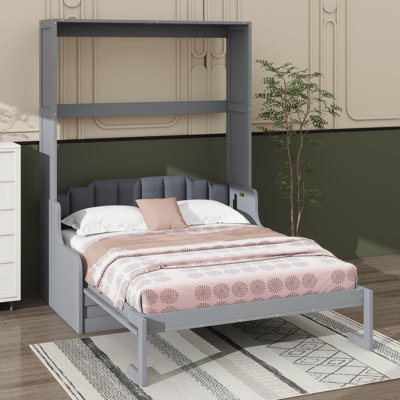 Queen Size Wall-Hanging Murphy Bed With Pad, Wooden Foldable Bed Frame Transforming Into Sofa
