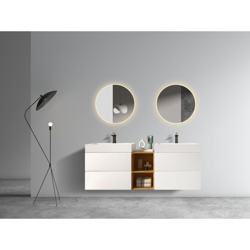 Meuble-lavabo blanc 72 po avec lavabos doubles et tablette ouverte, meuble-lavabo mural moderne flottant, lavabo une pièce sans drain ni robinet