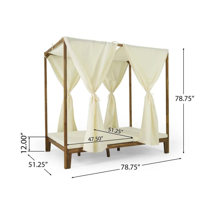 Kenzie Outdoor Acacia Wood Double Chaise Daybed with Water-Resistant Canopy Curtains - Teak Finish Patio Lounge Furniture