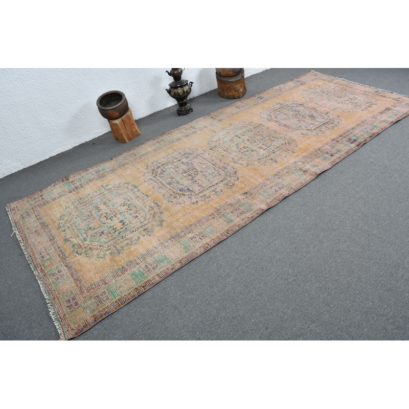 Tapis de couloir vintage turc Oushak orange discret pour escalier et couloir orange / vert