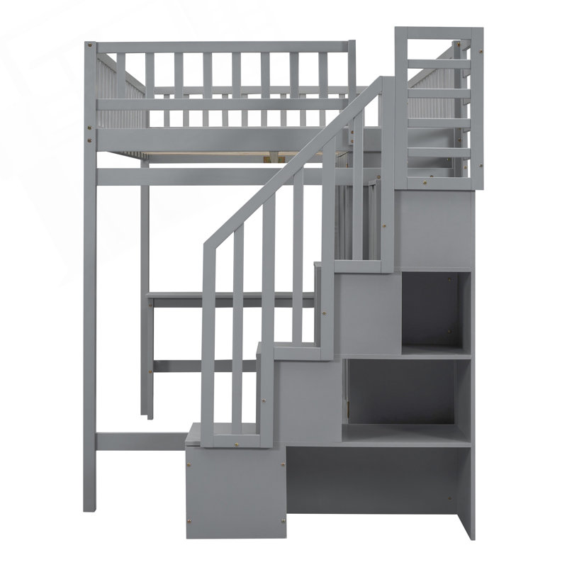 Lit mezzanine double avec bibliothèque, Gris