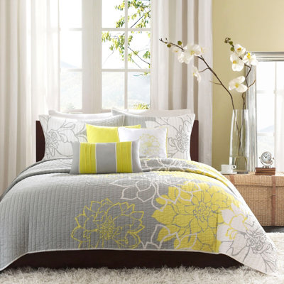 Très grand / très grand lit, coton gris / jaune taupe, 6 pièces, imprimé, réversible avec courtepointe
