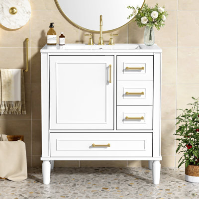 Meuble-lavabo de 30 po avec lavabo en céramique, porte à fermeture en douceur avec tablette intégrée, tiroir profond, tiroir standard, grand tiroir diviseur, grande armoire de rangement pour la salle de bain, design moderne et fonctionnel