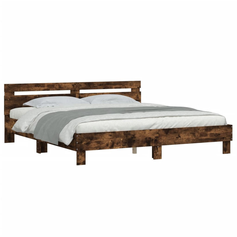 17 Stories Bed Frame With Headboard Engineered Wood, Smoked Oak, European Kingsize (160 x 200cm)