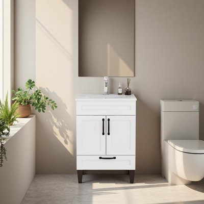 Meuble-lavabo de 61 cm avec lavabo intégré, armoire à 2 portes et 1 grand tiroir, poignée en métal, pieds, charnières à fermeture douce, meuble de salle de bain moderne, montage facile