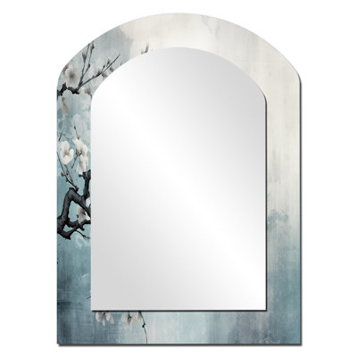 Asian Art Sumi Bird Serenity XII - Asian Art Arch Decorative Wall Mirror, Grey Asymmetrical Large Mirror, Printed Metal Art