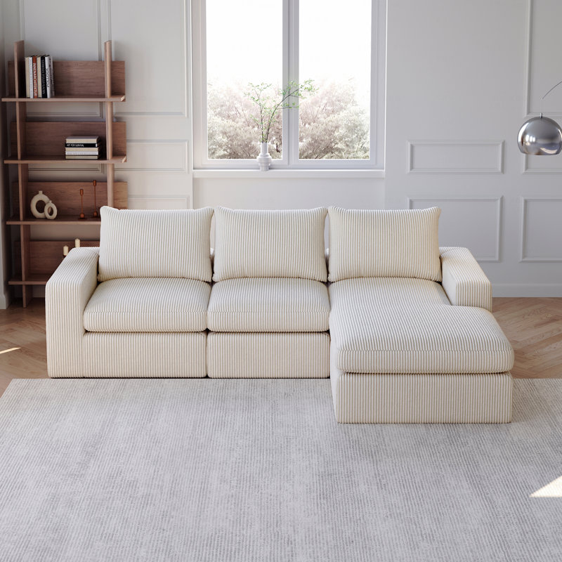 Canapé de 99 po sans méridienne avec méridienne, canapé modulaire rembourré en L de style moderne avec trois coussins, canapé rembourré en tissu Velours côtelé