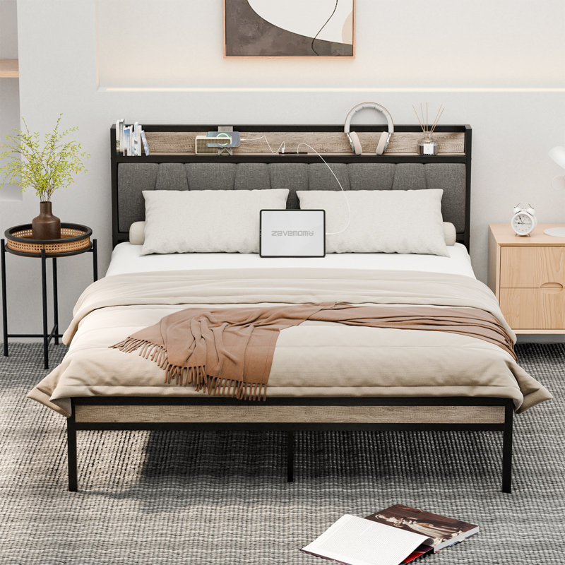 Modern Metal Platform Bed Frame With Upholstered Storage Function Headboard And USB LINER, Full