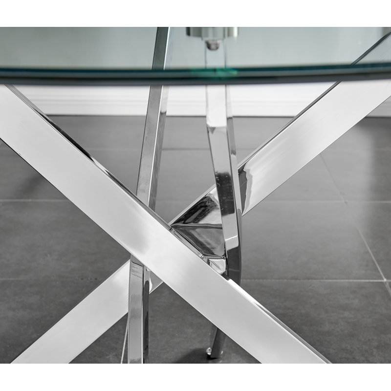 Tierra Luxury Metal and Glass Round Dining Table - Modern Statement Design, Silver, H75 x L100 x W100cm