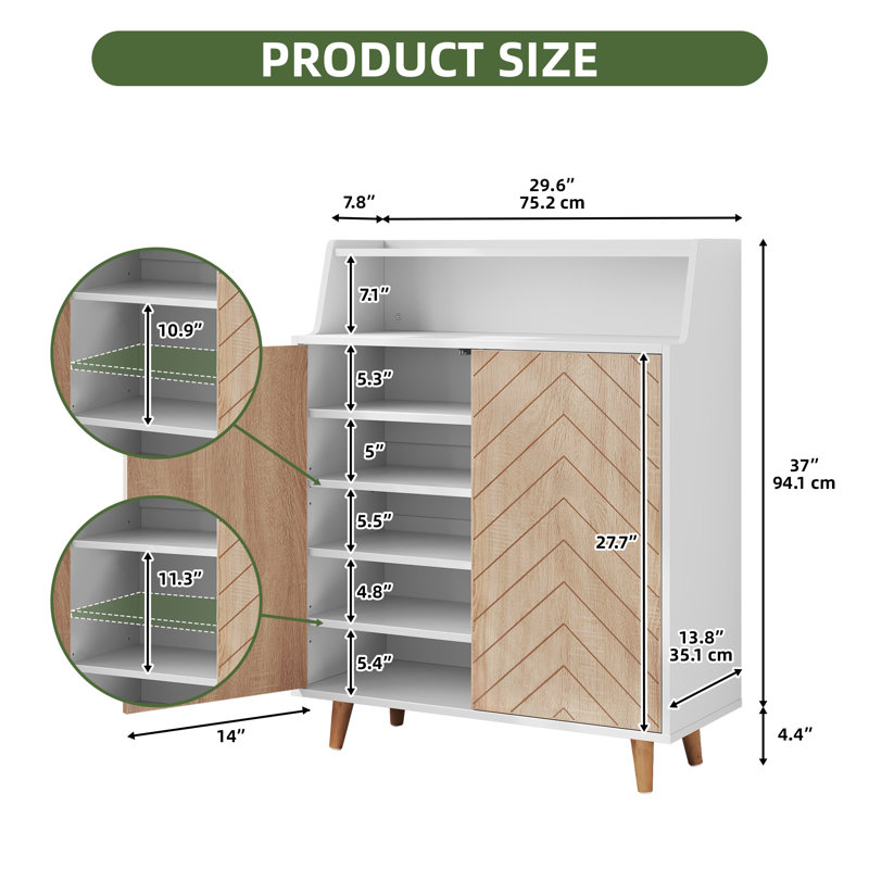 20 Pair Shoe Storage Cabinet With Open Shelves, White/Natural Wood