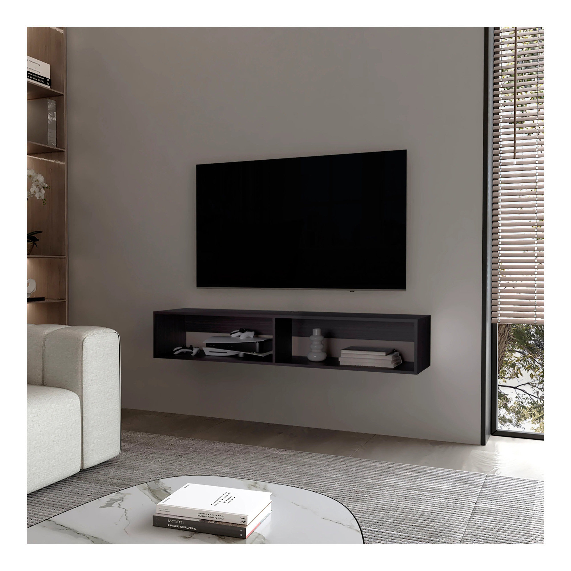 Wrought Studio™ Wengue Floating Media Rack In Melamine With 2-Shelves ...