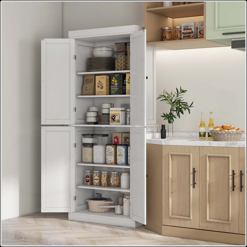 Garde-manger autoportant avec 4 portes et 2 tablettes réglables, grand rangement pour salle à manger, grain de bois blanc