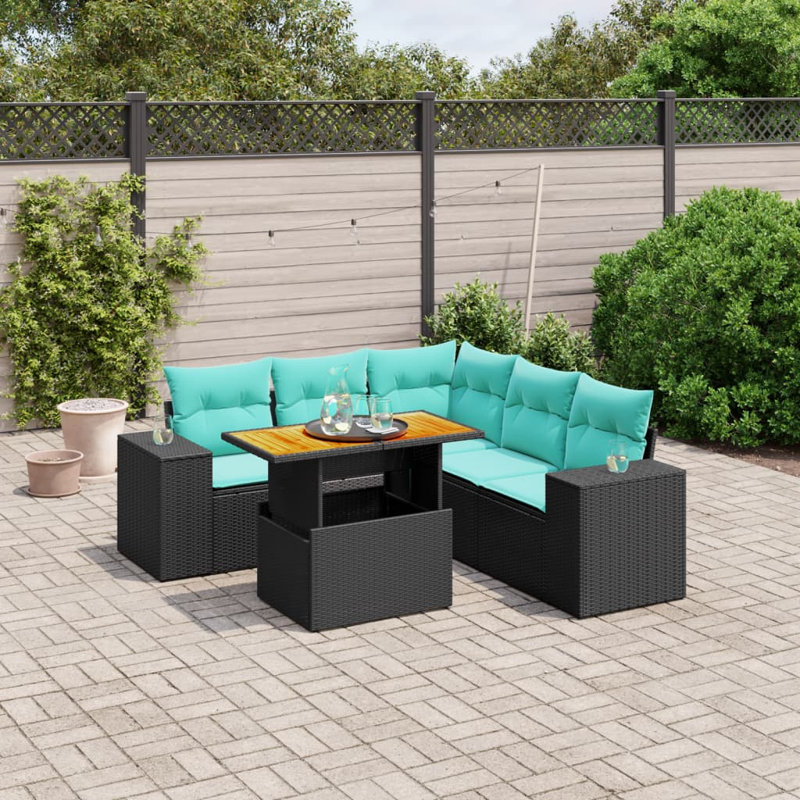  Ensemble de canapé de patio 6 pièces avec coussins en rotin de polyester, Noir, Vert