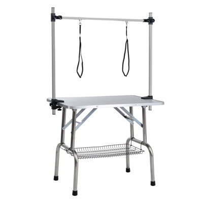 46" Folding Dog Pet Grooming Table Stainless Steel Frame Rubber Mat On Board With Adjustable Arm And Clamps Pet Dog Cat Grooming Table