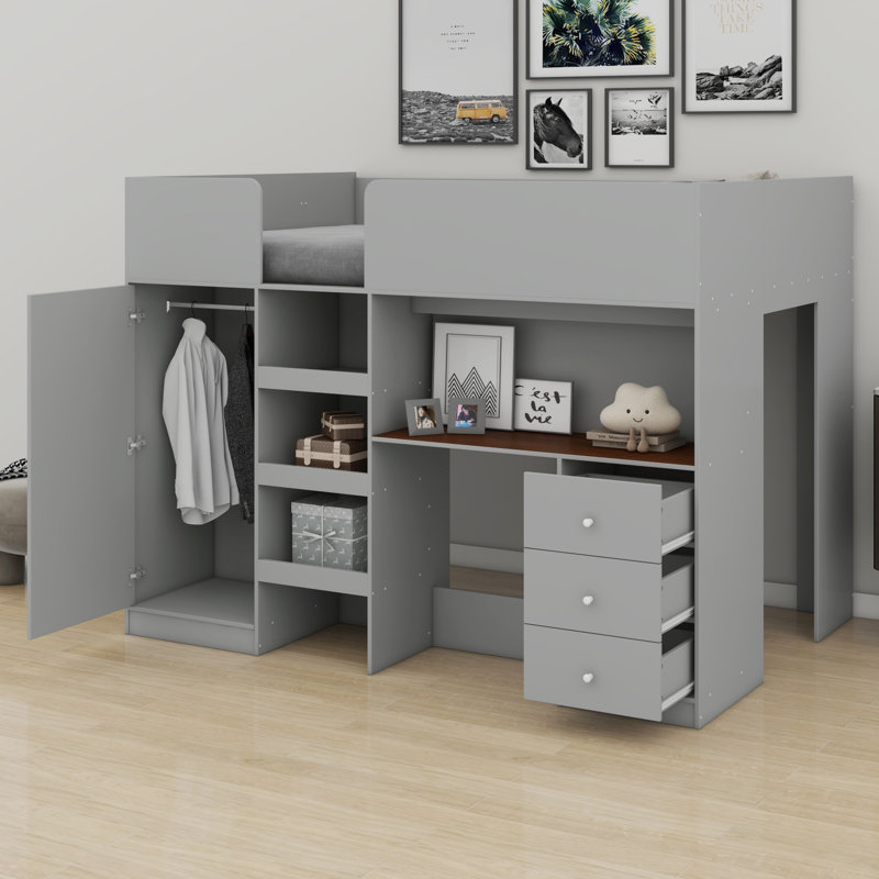 Lit mezzanine en bois avec garde-robe intégré, bureau, tablettes de rangement et tiroirs, Gris