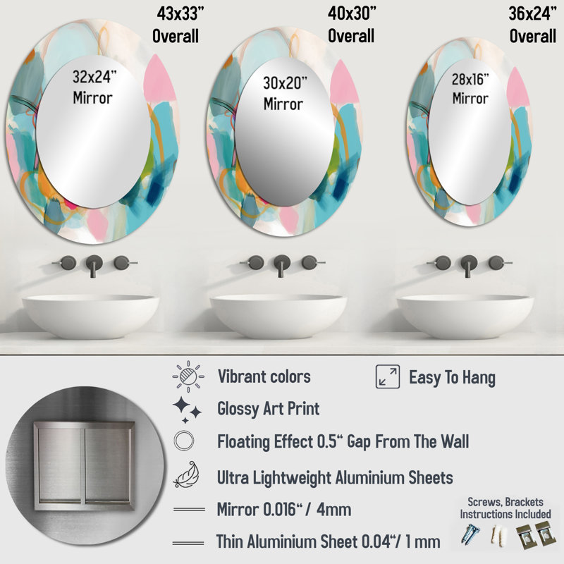 Pink Blue Minimalims Fludity V - Modern Oval Wall Mirror, 40" x 30"