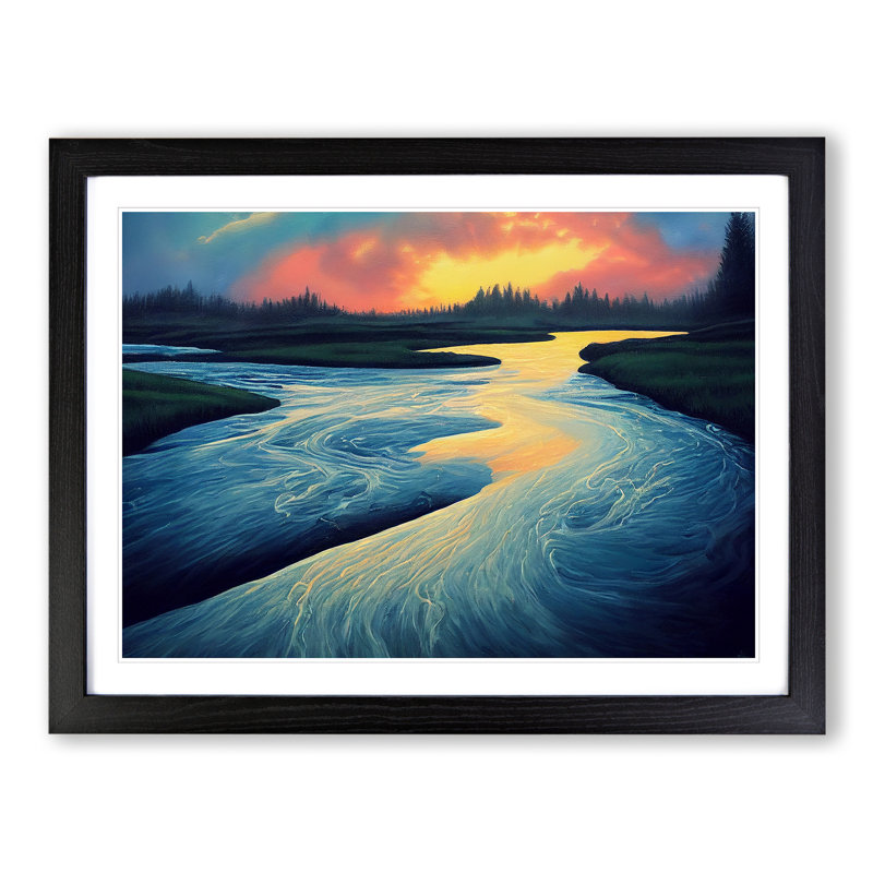 Forest River At Sunrise - Single Picture Frame Painting, Black, 46cm H x 64cm W x 2cm D