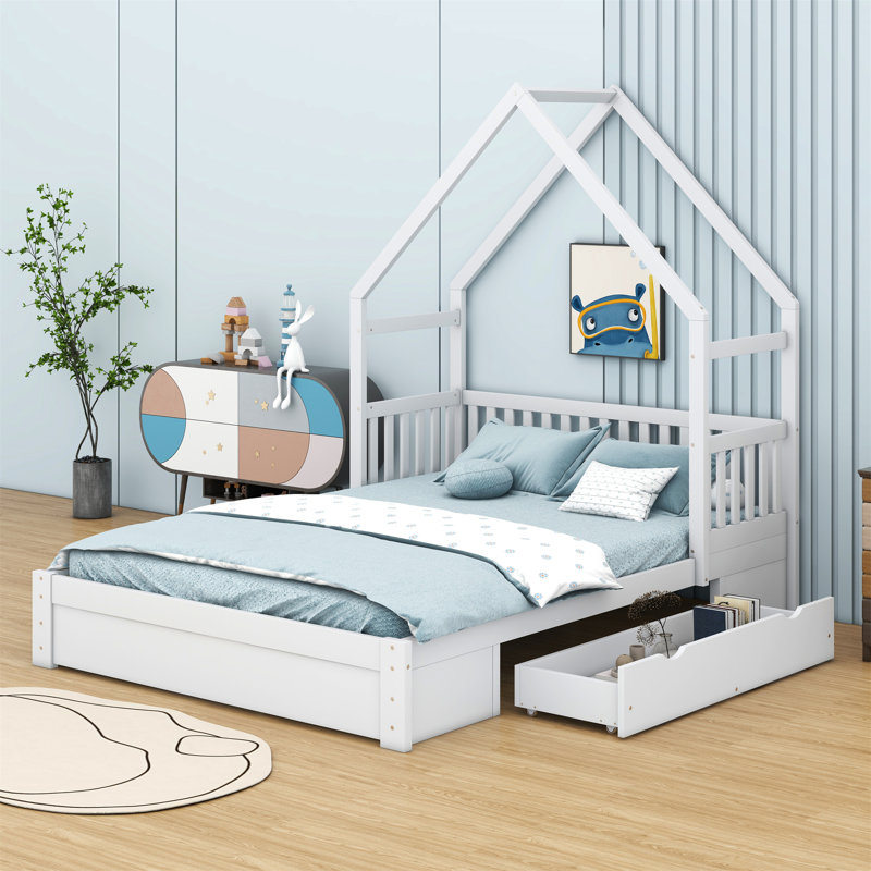 Lit plateforme avec garde-corps et tiroirs Wood House, Blanc