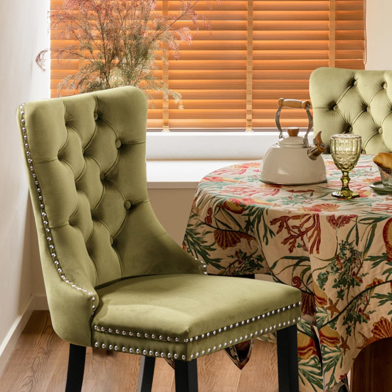 Chaise de salle à manger en velours avec anneau à dossier et pieds en bois massif, 2, Vert olive, Noir