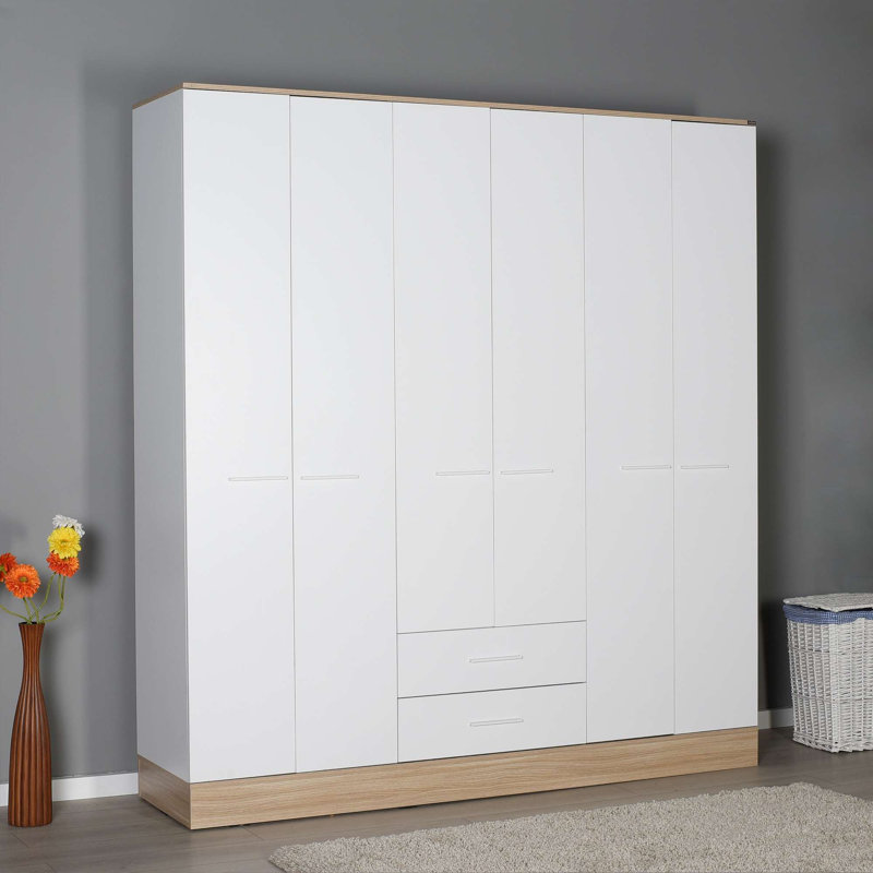 Modern White Wardrobe with Numerous Shelves, 88.2 x 81.1 x 20.5 inches | Coated Particle Board, Thickness: 0.6 inches | Wall-Mountable Design, Stylish & Functional Organization for Your Space