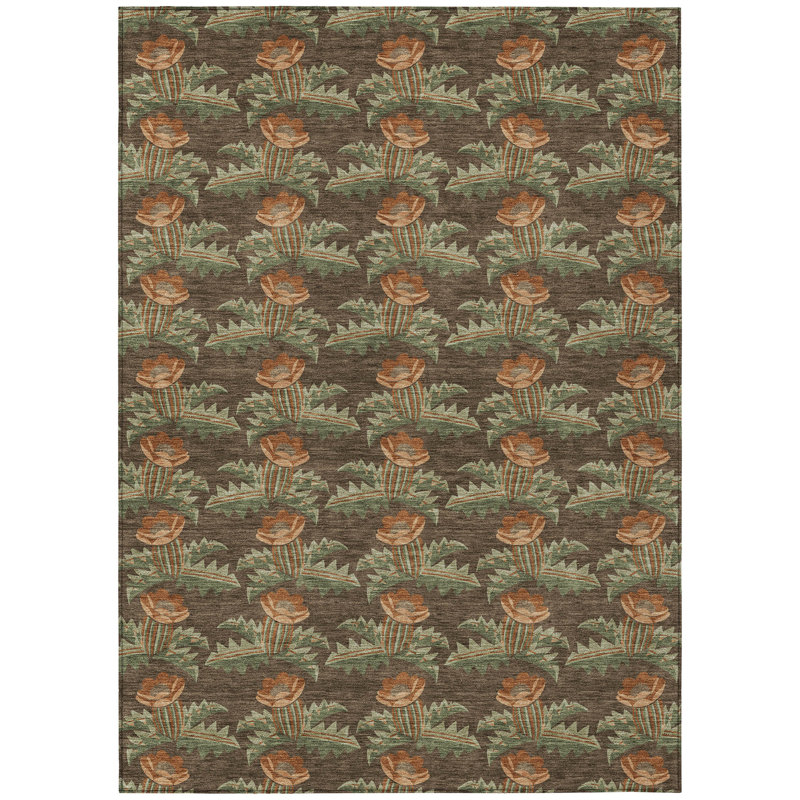 Machine Washable Indoor/Outdoor Chantille ACN2684 Floral Rug, Chocolate, 3' x 5'
