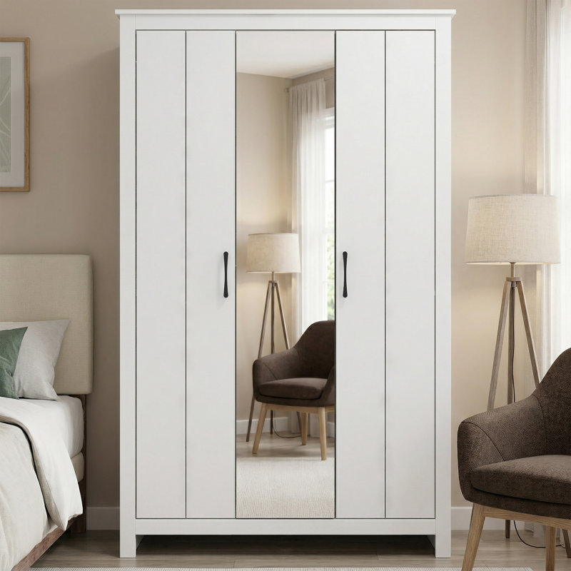 Limestone Betros 3 Door Wardrobe with Mirror, White/White