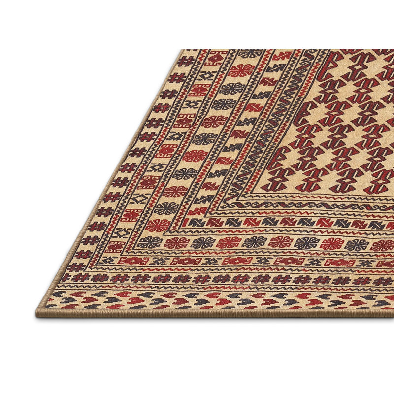 Tapis oriental en laine / polyester brun / beige / rouge tissé à la machine, Rectangle 2 pi x 3 pi