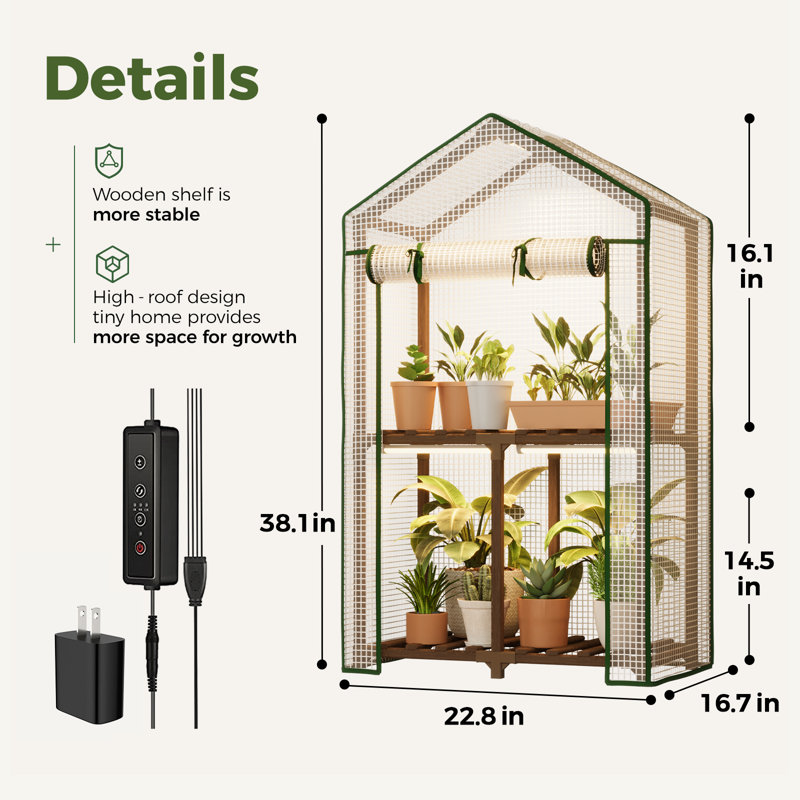 2-Tier Mini Greenhouse with Grow Light, Portable PE-Covered Warm House for Multiple Pots, Compact Patio Boho Decor