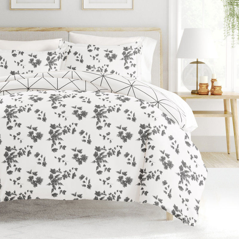 Gray and White Geometric Floral Twin/Twin XL Cotton Duvet Cover Set