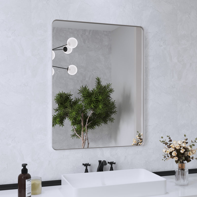 Lesamuel Filleted Corner Wall Mounted Bathroom and Vanity Mirror with Aluminum Frame, 28" x 36", Rectangle, Brushed Nickel