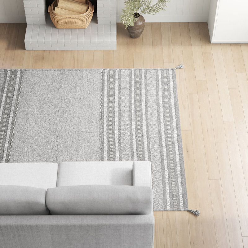 Cumberland Striped Hand-Woven Flatweave Cotton Gray/Ivory Area Rug, Rectangle 9' x 12'