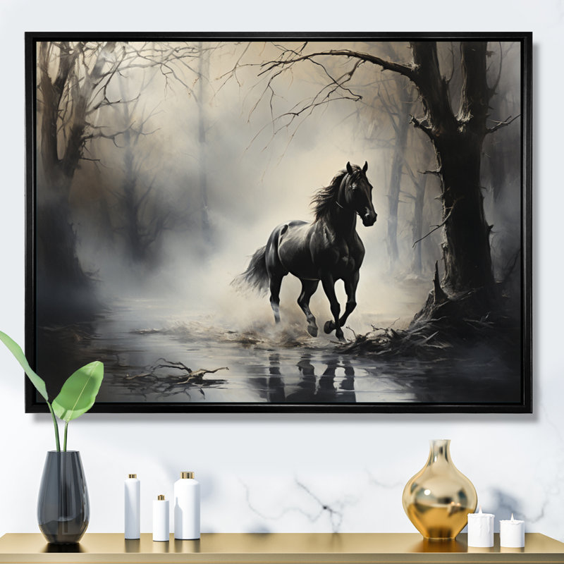 «Gray Horse Misty Morning Canter I», art mural encadré, H 16 po x l 32 po x P 1 po, Cadre flottant noir