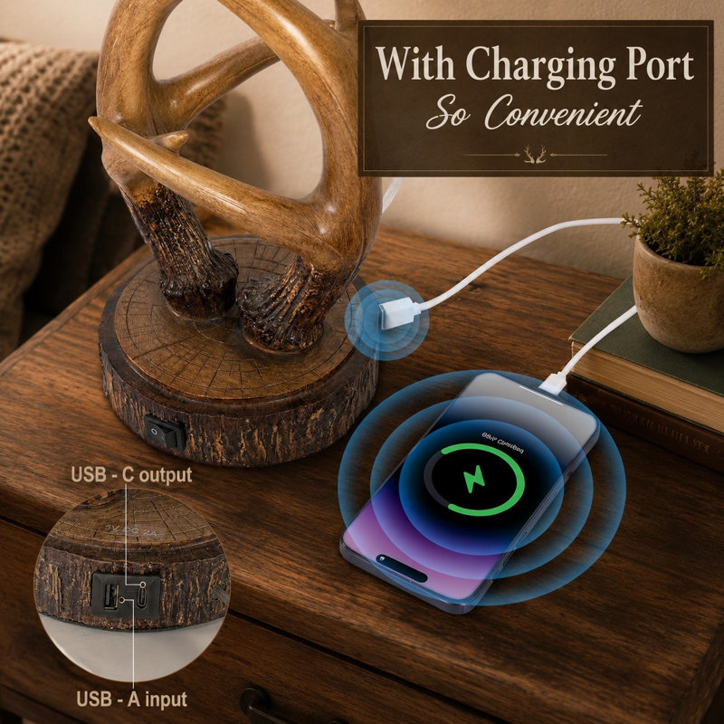 Cette lampe de table de 52 cm (20,5 pouces) en forme de bois de cerf est équipée de ports USB et d'une fonction mémoire.