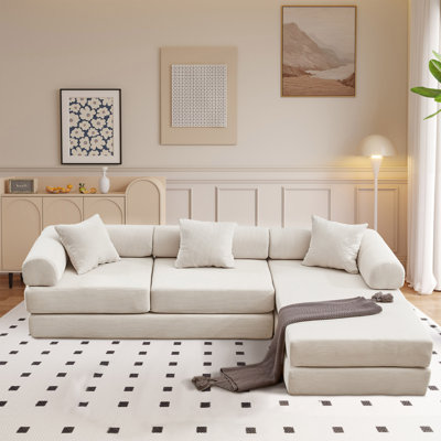 Modular Corduroy 3-Seat Sofa L Shaped Couch With Foldable Doublelayered Seat Cushion For Apartment-Compression Sofa In Box