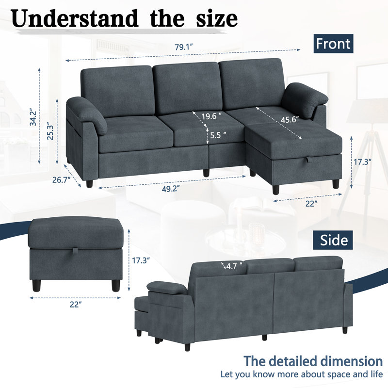 Convertible Sectional Small Sofa L-Shaped Couch Seat With Modern Linen Fabric, For Living Room, Apartment,Study And Office, 79"