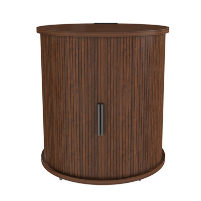  Mid Century Modern Cylinder End Table with Built-in Charging Station & Sliding Door, 2-Tier Storage Round Nightstand with USB Ports, Walnut Bedside Table for Living Room, Bedroom, Entryway