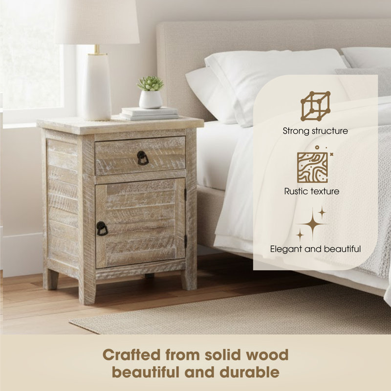 Laquenda 20.8" W Solid Wood Rustic Nightstand with Drawer and Storage Cabinet, Antique