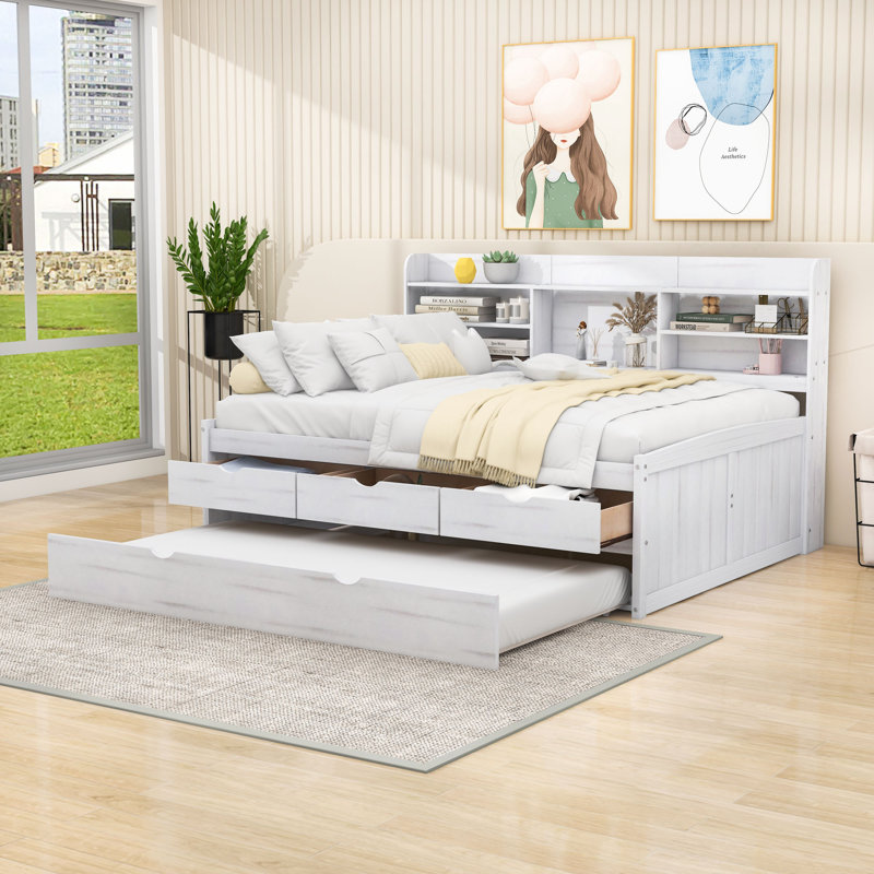 Full Size Wooden Daybed with Built-in Bookshelves, Storage Drawers, Twin Trundle, White Wash