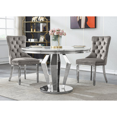 Round Dining Table Set, Faux Marble Dining Table & Velvet Chairs with Stainless Steel Pedestal, 44.88" Dining Room Table and Chairs Set, Luxury Circle Dining Table Set