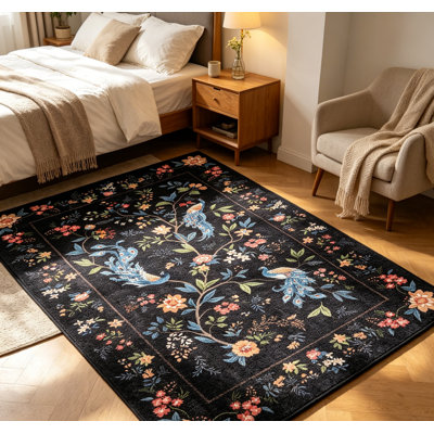Tapis floral lavable pour salon Tapis antidérapant à motif floral paon pour chambre à coucher Tapis résistant aux taches pour salle à manger