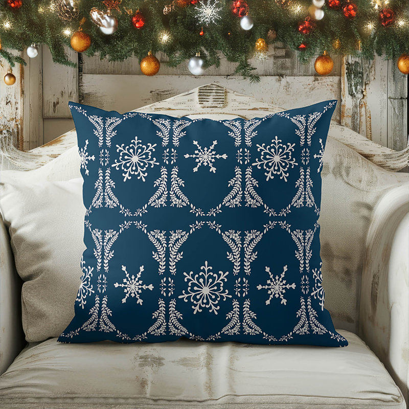 Coussin décoratif d'intérieur à motif de flocons de neige, Bleu très foncé, Carré 16 po