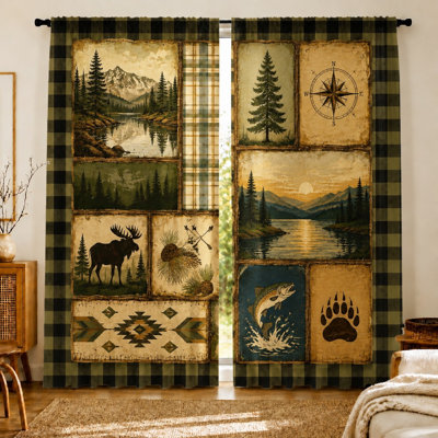 Rideaux rustiques (lot de 2) à motif de scène sauvage avec orignal, montagnes, lac, forêt, pêche, boussole, empreinte de pattes d'ours et motif tribal géométrique. Style rétro, ambiance chalet. Panneaux décoratifs pour fenêtres, parfaits pour le salon, la chambre ou la décoration de chalet. Filtrent la lumière.