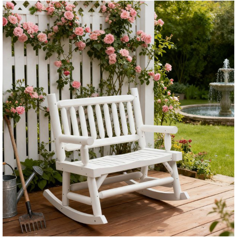 Heavy Duty Loveseat With Wide Curved Seats,Wood Rocking Chair With Log Design,For Patio, Backyard, Garden