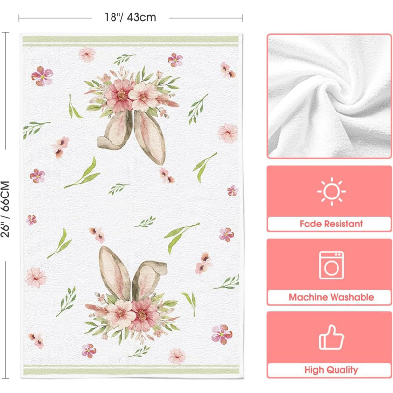 Bunny Rabbit Ears Floral Leaves Easter Kitchen Towels Dish Towels,  Be Kind Seasonal Decoration Hand Towels Set Of 4, Green