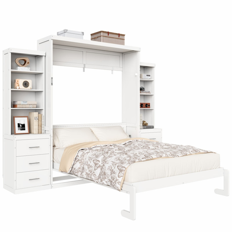 Lit escamotable avec tablettes de rangement et tiroirs Murphy, White