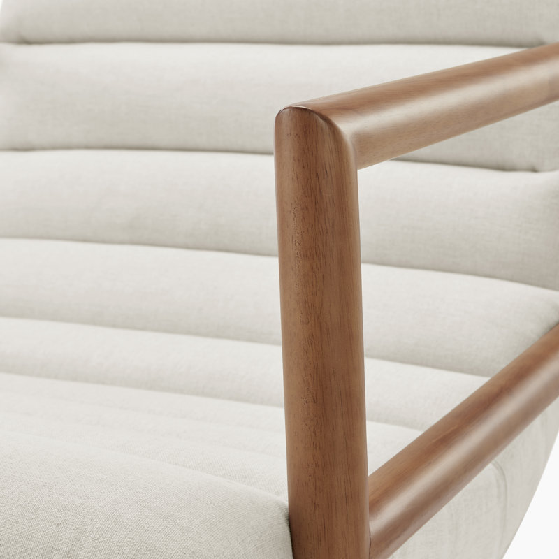 Caslia Upholstered Beige Fabric Mid Century Modern Accent Chair - Teak Effect Frame & Ribbed Style